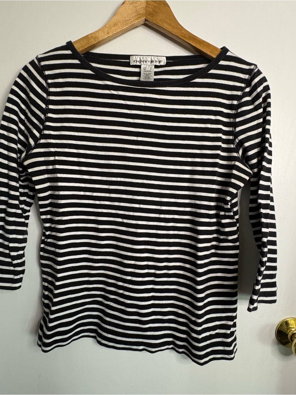 Jones New York Sz M B&W Striped 3/4 Sleeve Cotton Tee Coastal Parisian Preppy